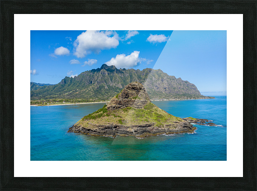Aerial view of chinamans hat by Kualoa  regional park Picture Frame print