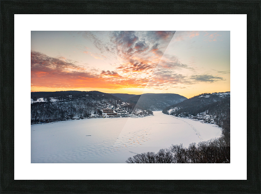 Aerial sunrise over frozen Cheat Lake Morgantown Picture Frame print