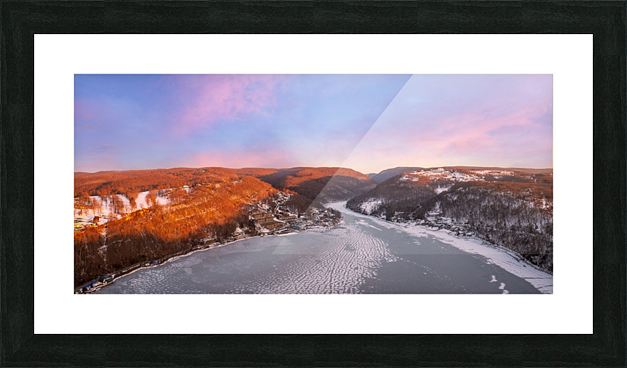 Aerial panorama of the frozen Cheat Lake in Morgantown Picture Frame print