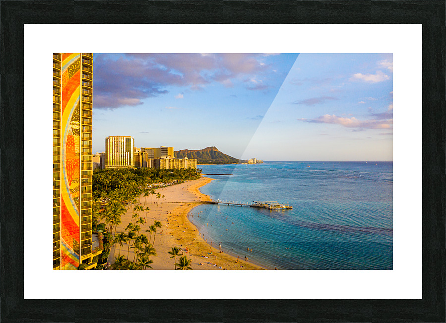 Hilton Hawaiian Village frames the shore in Waikiki Hawaii Picture Frame print