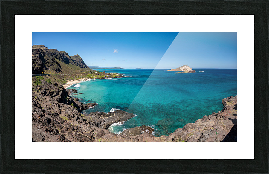 Coastline of East Oahu over Makapuu Beach with Rabbit island Picture Frame print