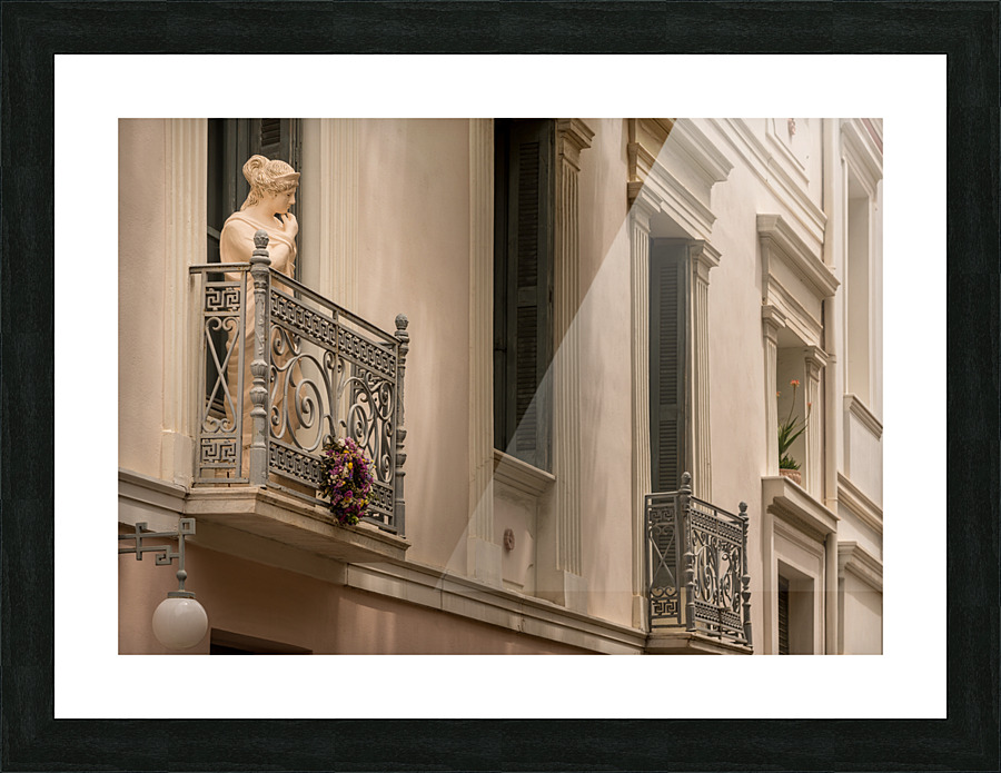 Statue on balcony in Plaka in Athens Picture Frame print