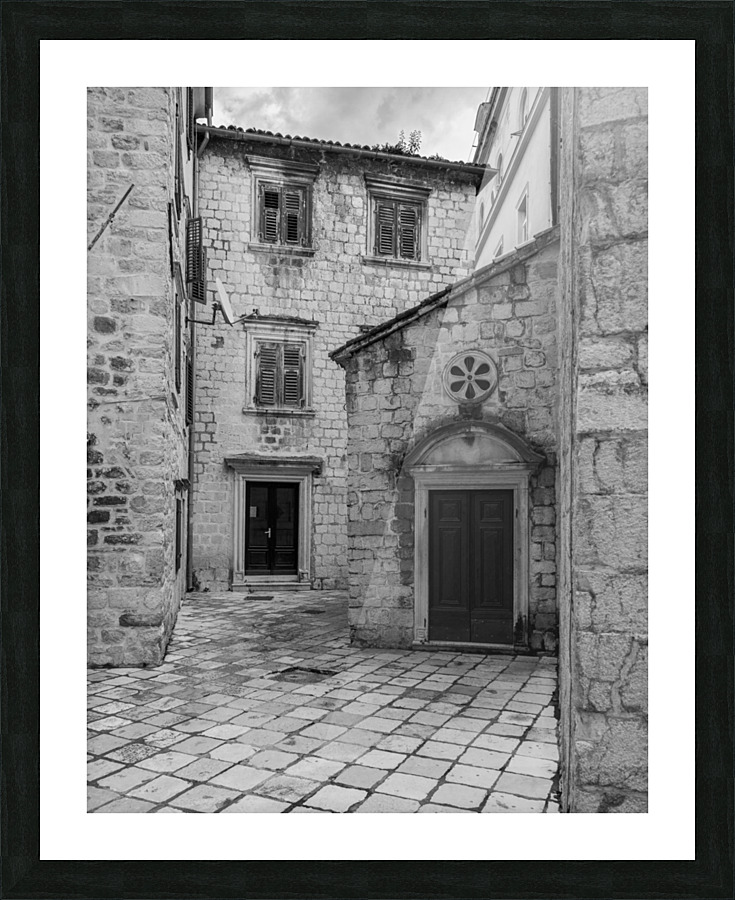 Narrow streets in Kotor in black and white Picture Frame print