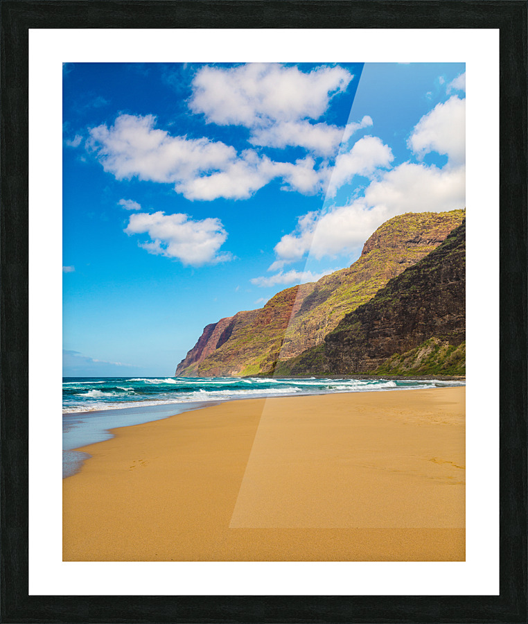 Empty sand and cliffs Polihale beach Picture Frame print