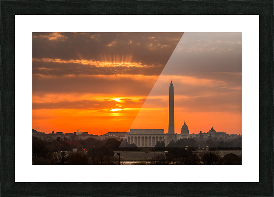 Fiery sunrise over monuments of Washington Picture Frame print