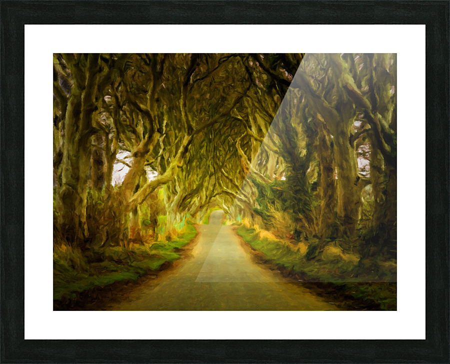 Dark Hedges road through old trees in digital oil Picture Frame print