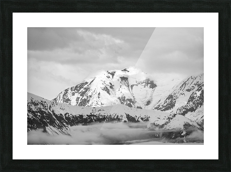 Black and white view of the mountains above Hubbard Glacier Picture Frame print