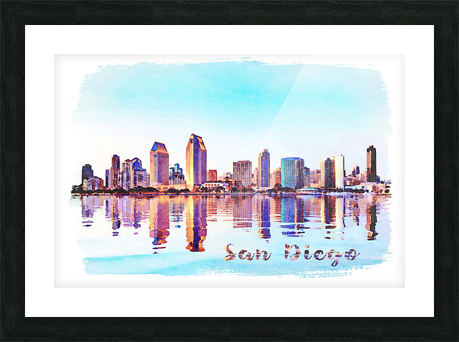 Watercolor painting of San Diego Skyline at sunset from Coronado Picture Frame print
