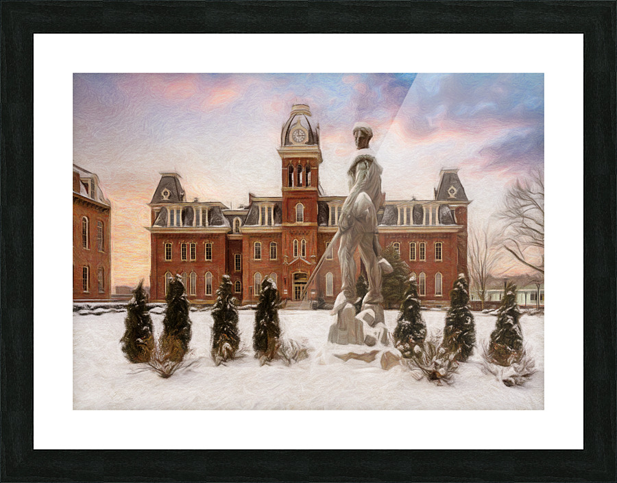 Pastel Mountaineer statue against Woodburn Hall Picture Frame print
