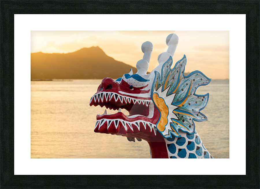 Dragon head carving on Hawaiian canoe in Oahu Picture Frame print