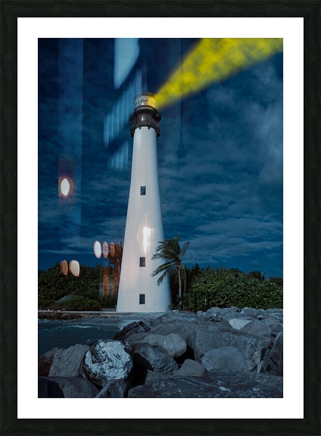 Cape Florida lighthouse in Bill Baggs at night with lights Picture Frame print