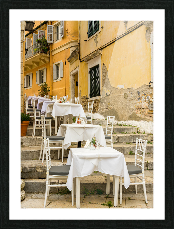Small empty taverna in Old Town Corfu Picture Frame print