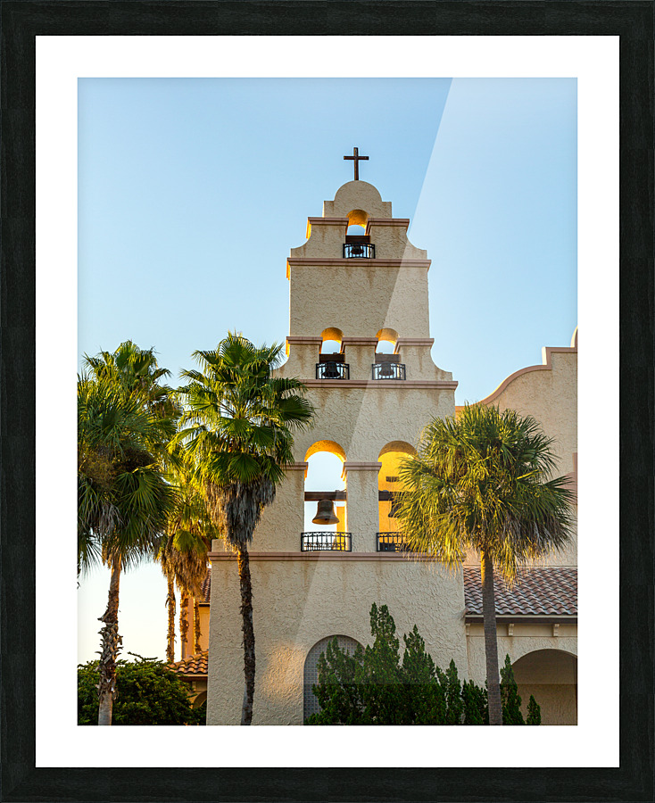 Spanish mission style church tower at sunset Picture Frame print