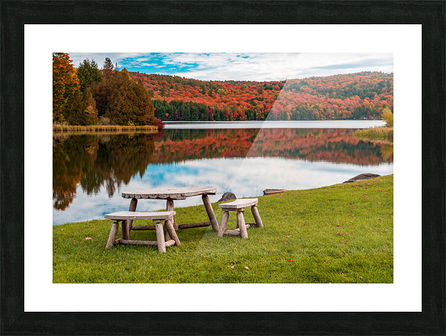 Wooden table and stools by Silver Lake Vermont Picture Frame print