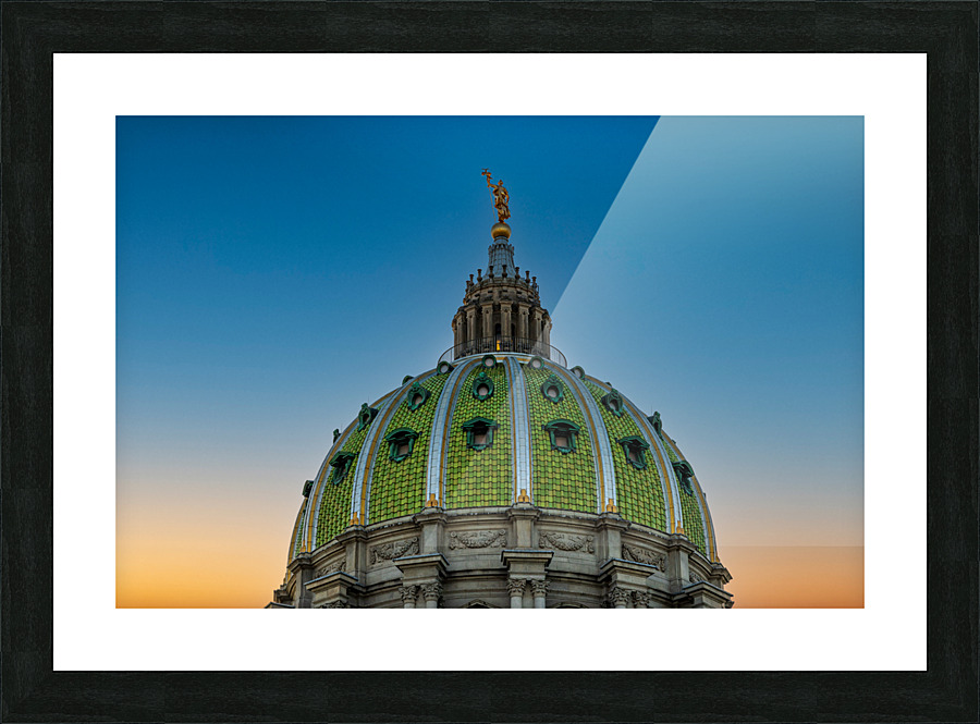 Sun sets behind the ornate dome of Pennyslvania State Capitol Picture Frame print