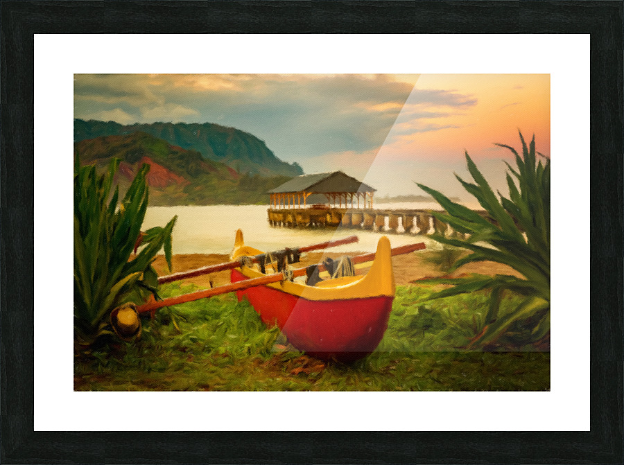 Painting of Hawaiian canoe by Hanalei Pier Picture Frame print