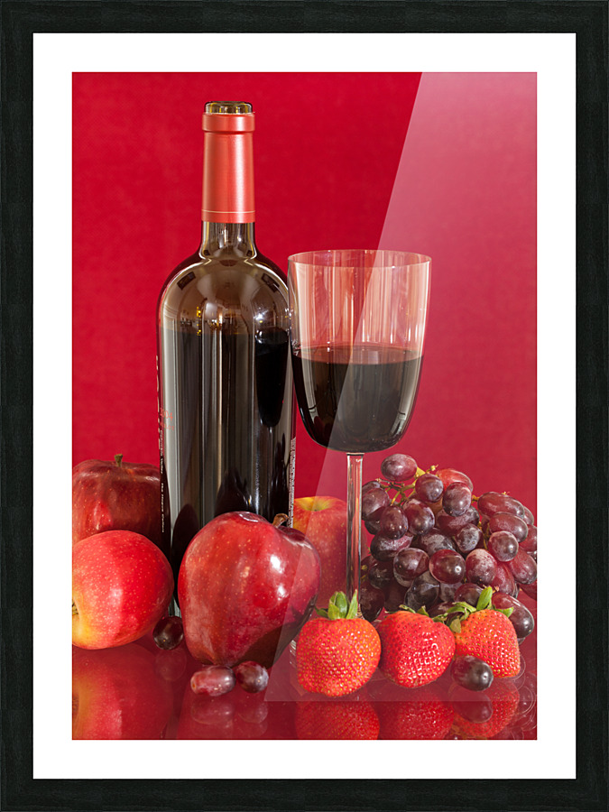 Red wine bottle and fruit with glass Picture Frame print