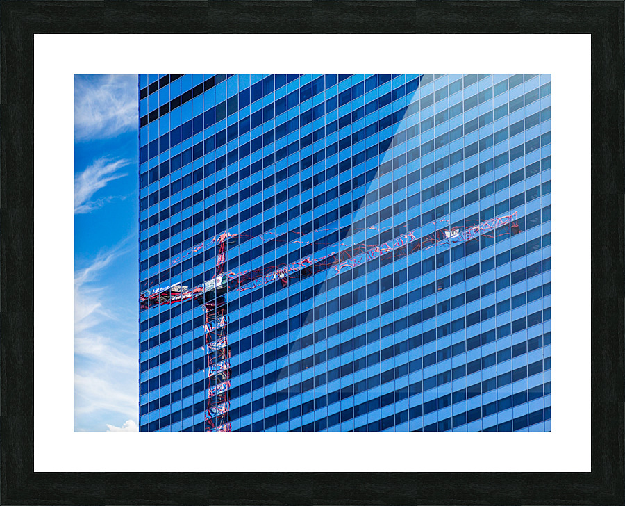 Reflection of crane in Chicago windows Picture Frame print