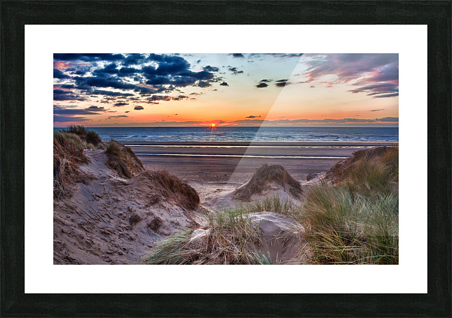 Sunset over Formby Beach through dunes Picture Frame print