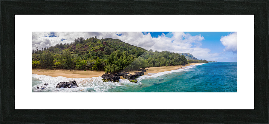 Aerial drone panorama of Lumahai Beach  Picture Frame print