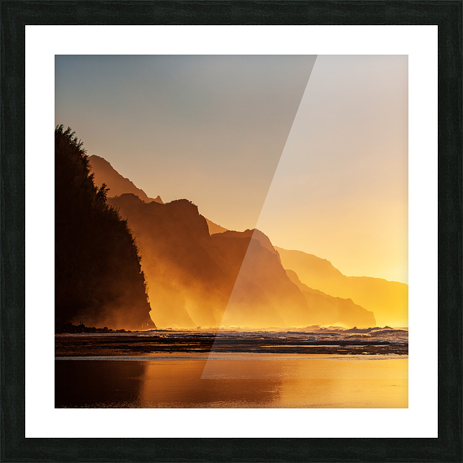 Misty sunset on Na Pali coastline Picture Frame print