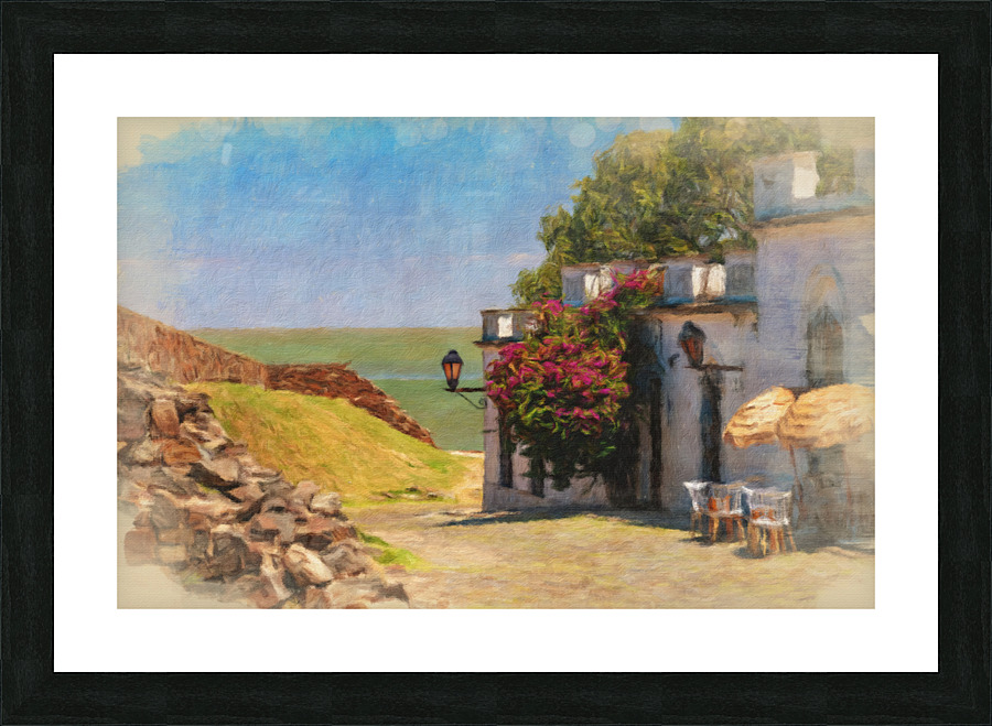 Oil painting of cobbled street in Colonia del Sacramento Picture Frame print