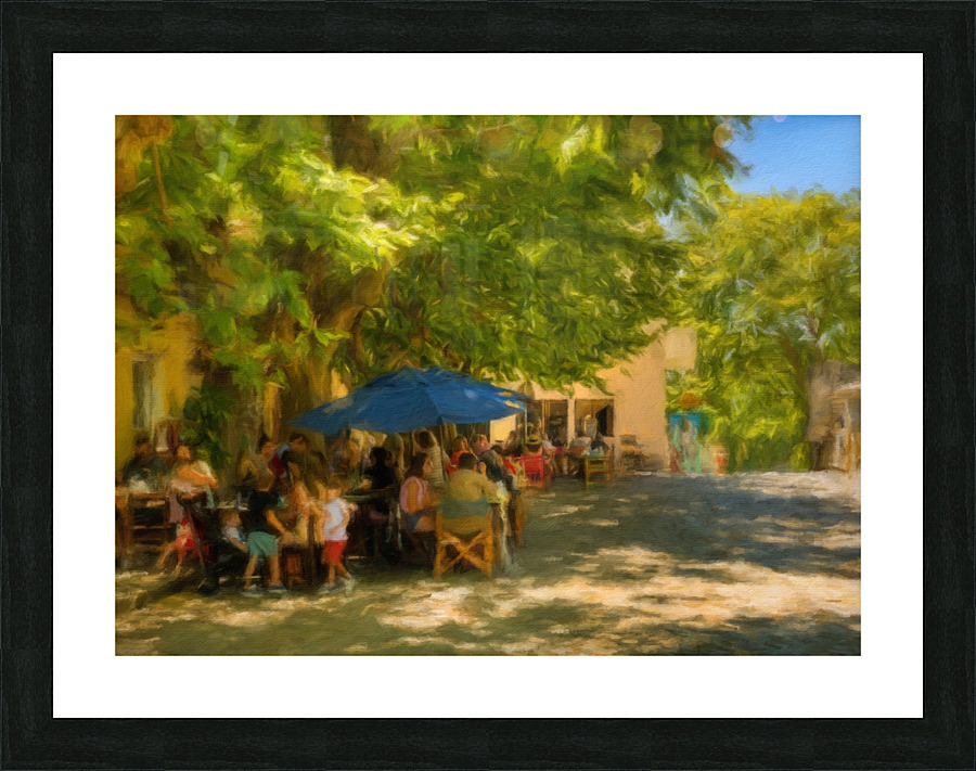 Oil painting of town square cafe in Colonia del Sacramento Picture Frame print