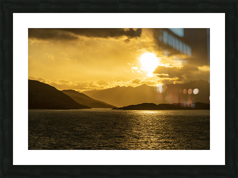 Cruise ship sailing to dawn in Beagle channel in Chile Picture Frame print