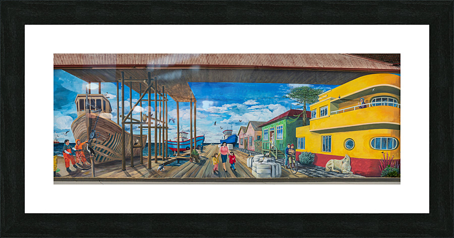 Wall mural of busy port on building in Punta Arenas in Chile Picture Frame print