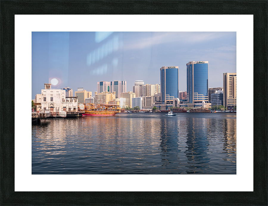 The Creek by Bur Dubai and Al Seef with large docked cruise boat Picture Frame print