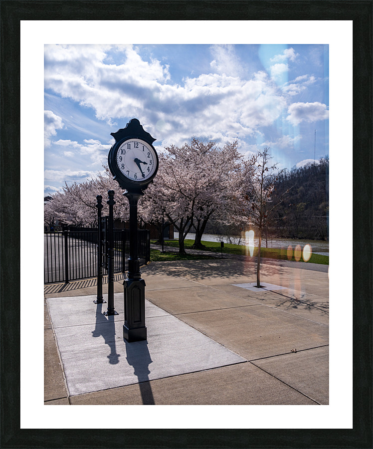Old fashioned clock by the bike walking trail over Deckers Creek Picture Frame print