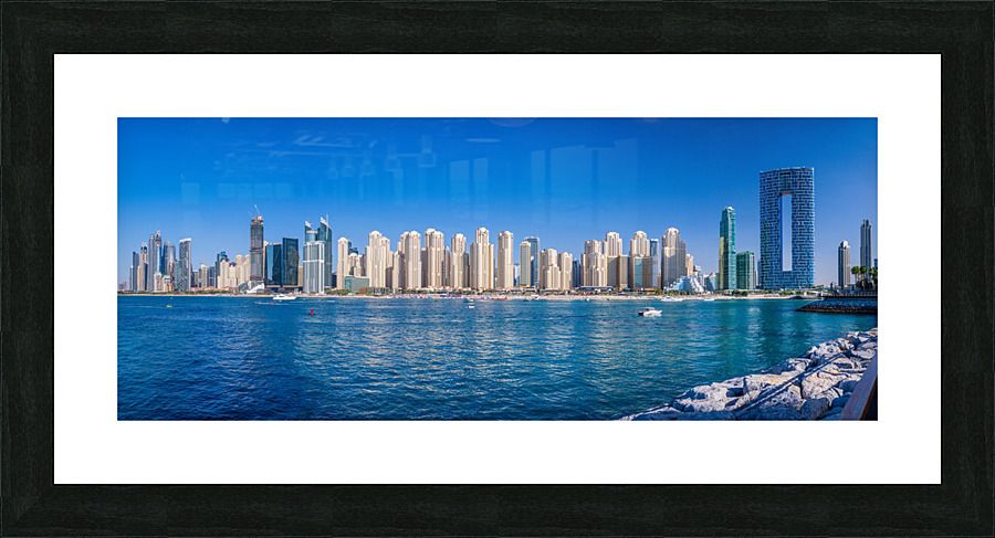 Skyline of hotels and apartments in JBR Beach above the beach Picture Frame print
