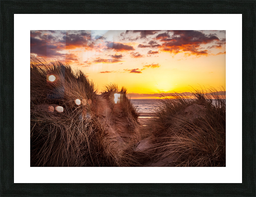 Sunset over Formby Beach through sand dunes Picture Frame print