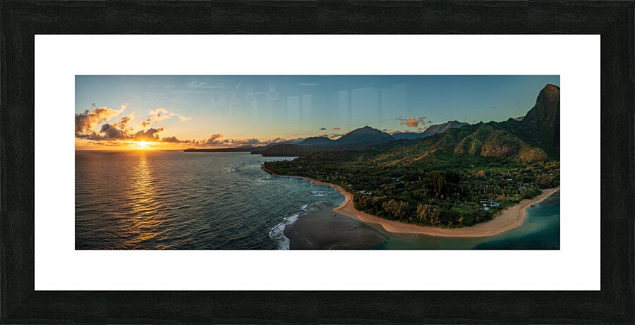 Aerial panorama of sunrise over Tunnels Beach Kauai Hawaii Picture Frame print