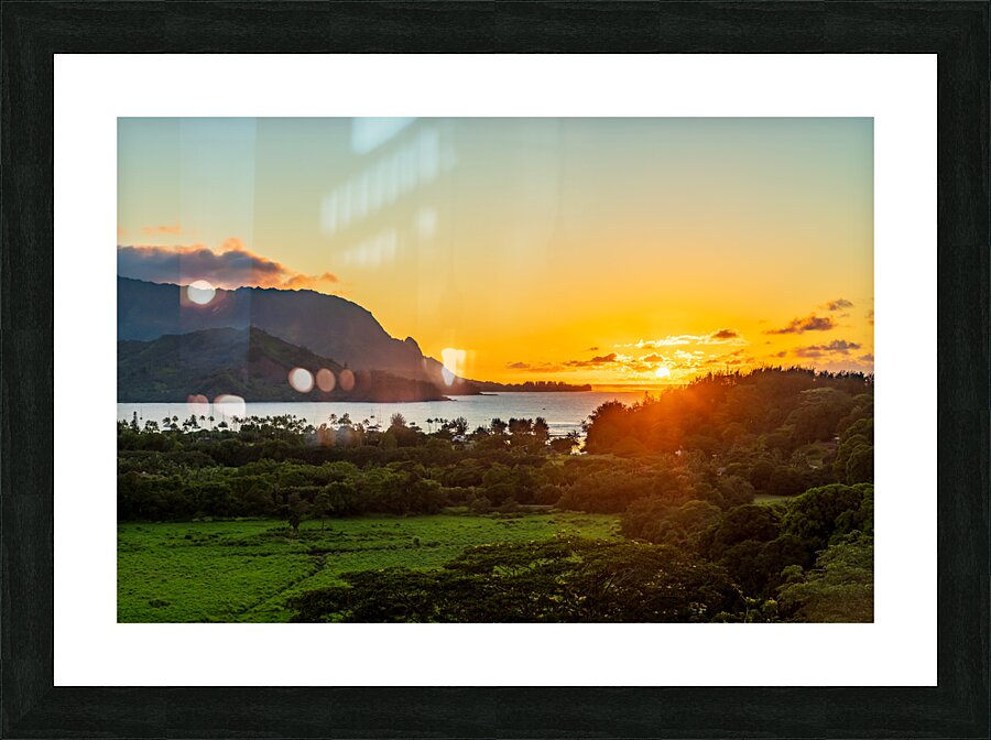 Sunset over Hanalei bay from overlook on the road Picture Frame print