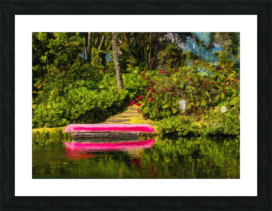 Red canoe on dock reflecting into calm lake in oil painting Picture Frame print