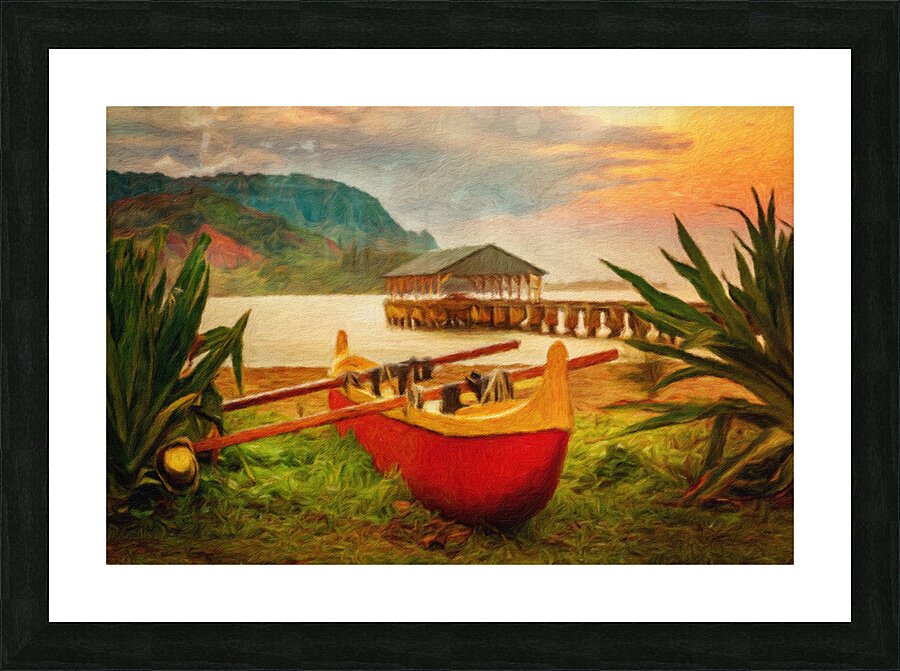 Painting of Hawaiian canoe by Hanalei Pier Picture Frame print
