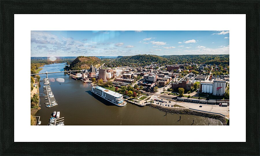 Aerial view of Red Wing Minnesota with river cruise boat Picture Frame print