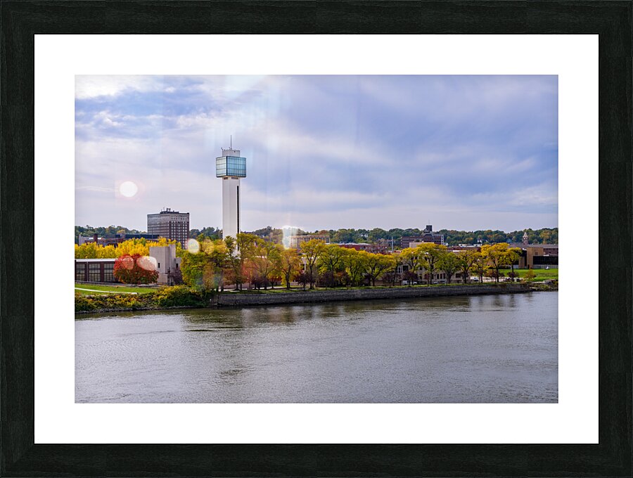 Cityscape of downtown area of Moline Illinois from I-74 bridge Picture Frame print