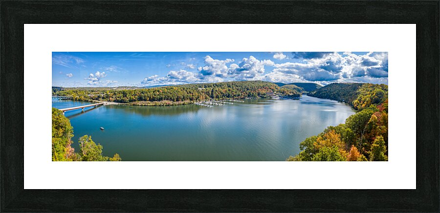 Aerial panorama of fall colors on Cheat Lake Morgantown WV  Framed Print Print