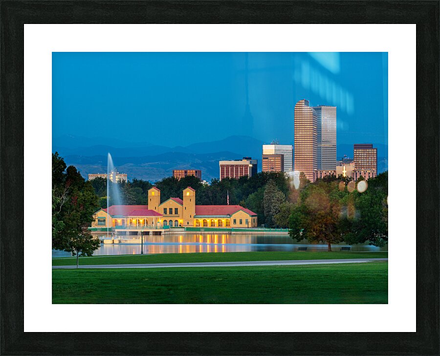 Skyline of Denver at dawn from City Park with boathouse Picture Frame print