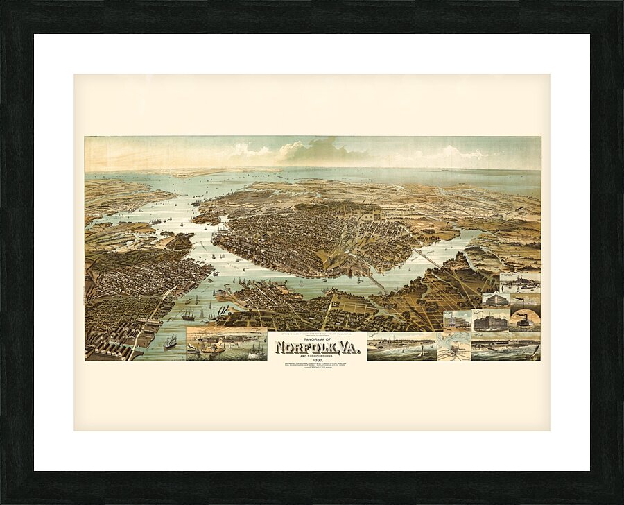Restored birds eye panorama of Norfolk VA in 1892  Picture Frame print