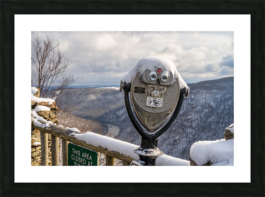Binoculars on Coopers Rock overlook on snowy day Picture Frame print