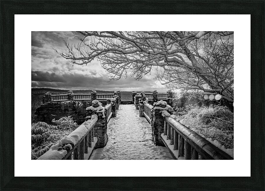 BW Coopers Rock overlook on snow-covered pathway Picture Frame print
