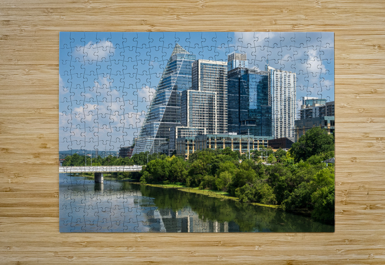 Cityscape of apartments in Austin Texas across Lady Bird Lake Steve Heap Puzzle printing