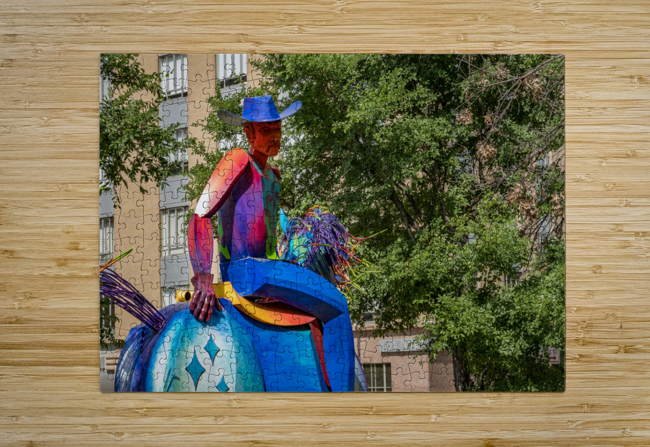 Tracking the end of the rainbow scuplture of cowboy on horse in  Steve Heap Puzzle printing