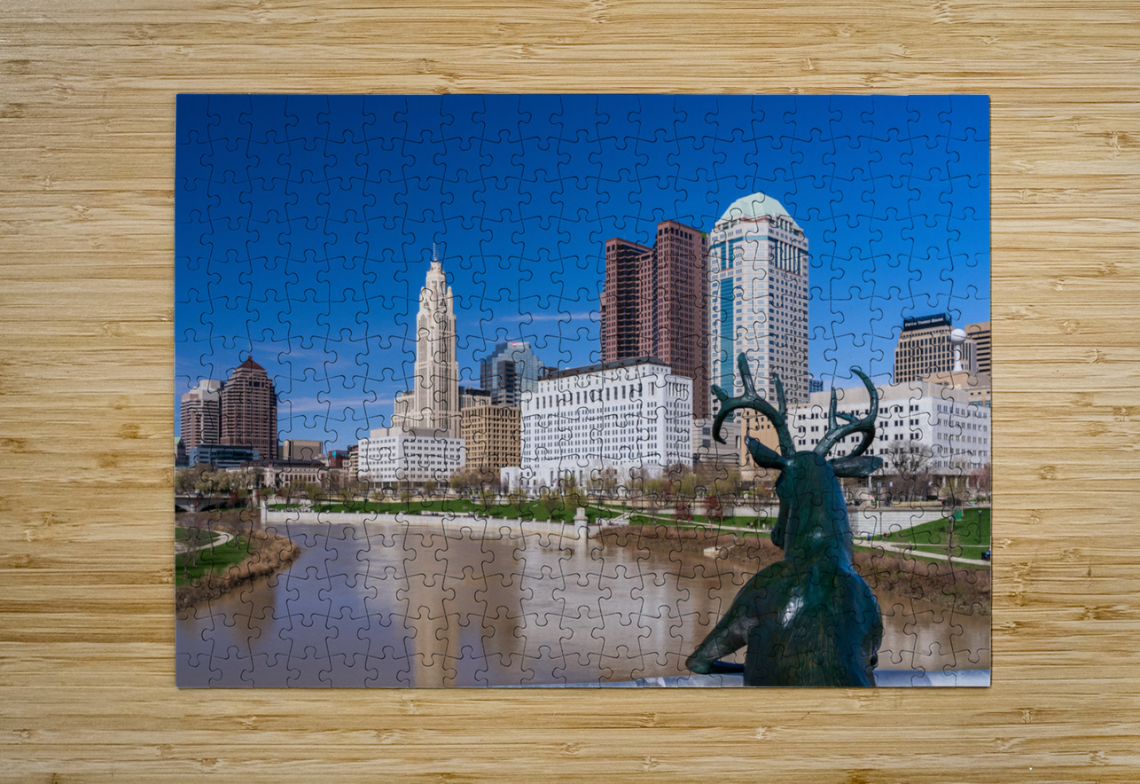Scioto Lounge statue by waterfront looking at Columbus skyline Steve Heap Puzzle printing