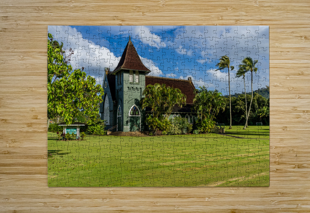 Waioli Huiia Church stands in Hanalei Kauai with the majestic  Steve Heap Puzzle printing
