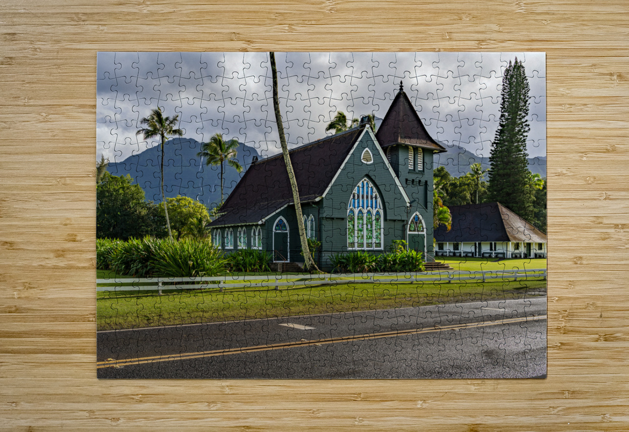 Waioli Huiia Church stands in Hanalei Kauai with waterfalls in Steve Heap Puzzle printing
