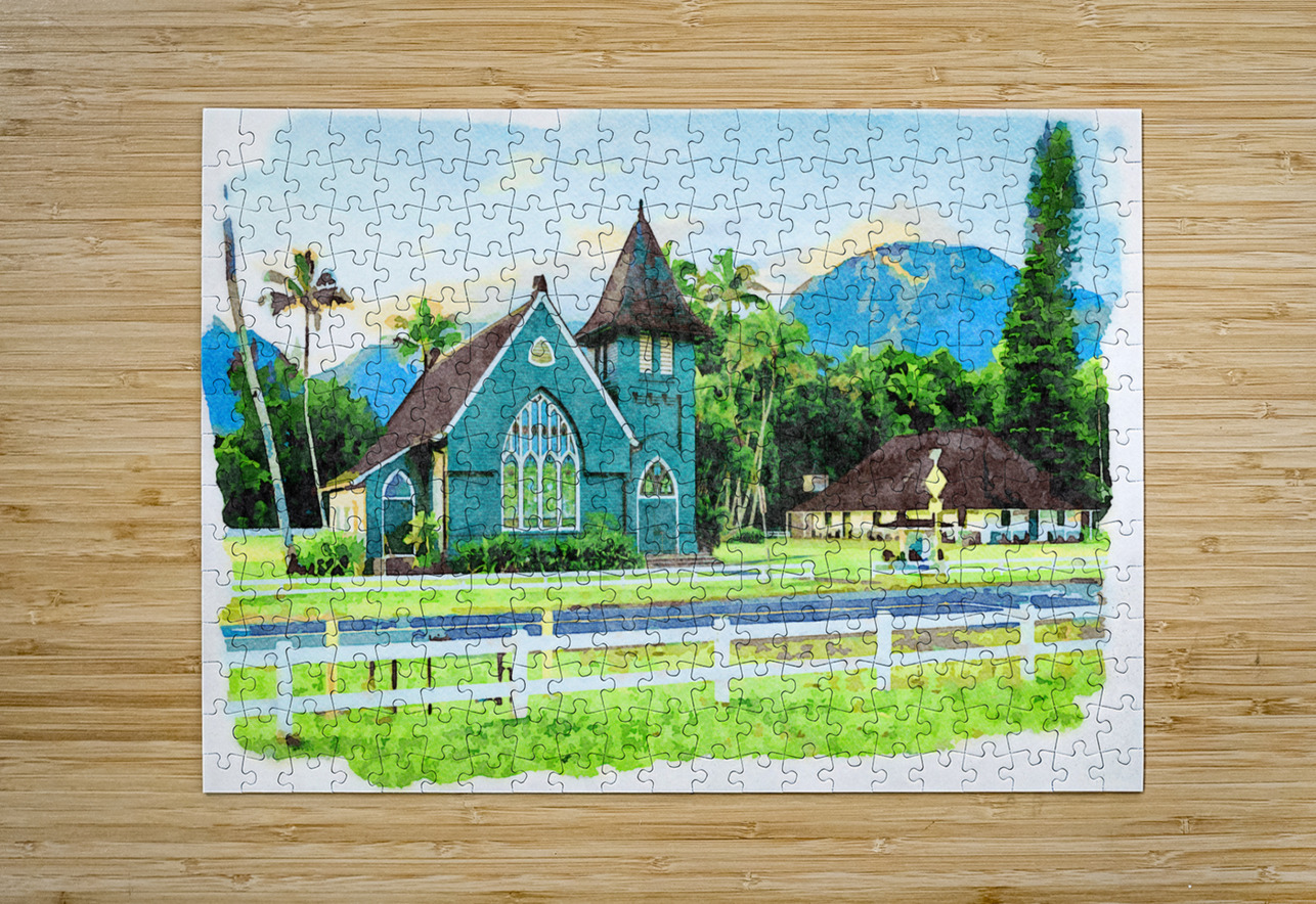 Waioli Huiia Church stands in Hanalei Kauai in watercolor Steve Heap Puzzle printing